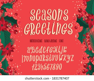 Christmas font. Holiday typography alphabet with season wishes and festive illustrations. Handwritten script for holiday new year celebration. Design vector with hand-drawn lettering.