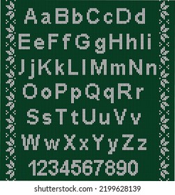 Christmas font. Knitted latin alphabet on seamless knitted pattern with snowflakes and fir. Nordic fair isle knitting, winter holiday sweater design. Eps 10