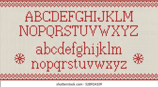 Christmas Font. Knitted Latin Alphabet On Seamless Knitted Pattern With Snowflakes And Fir. Nordic Fair Isle Knitting, Winter Holiday Sweater Design. Vector Illustration