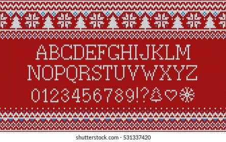 Christmas font. Knitted latin alphabet on seamless knitted pattern with snowflakes and fir. Nordic fair isle knitting, winter holiday sweater design. Vector Illustration.