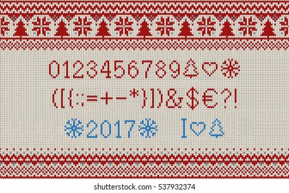 Christmas font. Knitted latin alphabet on seamless knitted pattern with snowflakes and fir. Nordic fair isle knitting, winter holiday sweater design. Vector Illustration