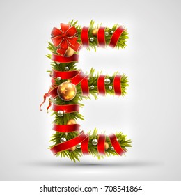 Christmas font. Letter E of Christmas tree branches, decorated with a red ribbon and golden balls. Highly realistic illustration