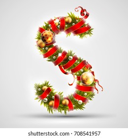 Christmas font. Letter S of Christmas tree branches, decorated with a red ribbon and golden balls. Highly realistic illustration.