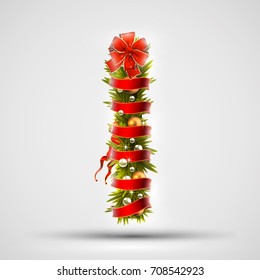 Christmas font. Letter I of Christmas tree branches, decorated with a red ribbon and golden balls. Highly realistic illustration.