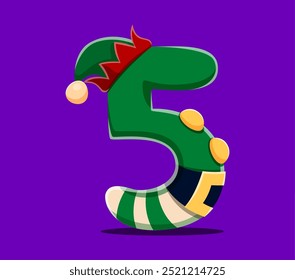 Christmas font number 5 as elf, Xmas festive type and cartoon typeface, vector alphabet. Merry Christmas font for Xmas holiday greeting text and New Year type, number Five in shape of fairy tale elf