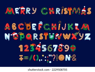 Christmas font or type, cartoon holiday typeface and alphabet. Vector xmas festive abc letters, numbers and signs with santa hat, snow, decorated pine tree, gingerbread cookies, garland and reindeer