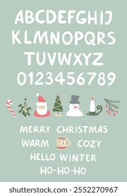 Christmas font or type, cartoon holiday typeface and alphabet. Vector xmas festive abc letters, numbers and collection of symbols with santa hat, mistletoe, decorated pine tree, snowman, candle.