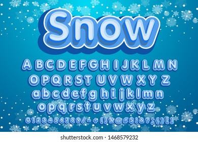 Christmas font. Vector snow white cute text Winter Break. Set of handmade sticker style Alphabet letters, Numbers and Symbols