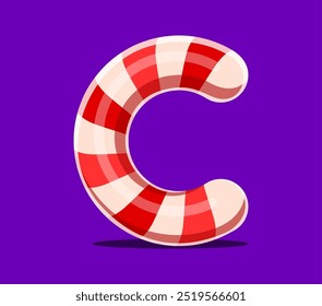 Christmas font, Xmas alphabet letter C as candy cane for winter holiday type, vector festive typeface. Merry Christmas font of cartoon letter C as Xmas candy sweet caramel for English type alphabet