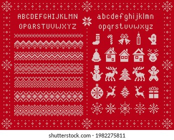 Weihnachtsschriftstücke und Weihnachtselemente. Vektorgrafik. Nahtlose Ränder knacken. Pullover-Muster. Fairisles Ornament mit Typ, Schneeflocken, Hirsch, Glocke, Baum, Schneemann, Geschenkbox. Gezwirnter Druck. rote strukturierte Illustration