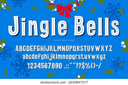 Christmas font, xmas type. Holiday typeface, new year english alphabet. Vector uppercase typography letters, symbols and signs in decorative festive winter style. Cartoon vintage typeset characters