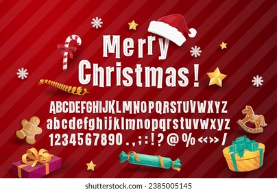 Christmas font, Xmas type and winter holiday typeface of fairytale English alphabet, vector letters. Winter holiday Christmas and New Year cartoon font with Santa hat, snowflakes and candy gifts ABC