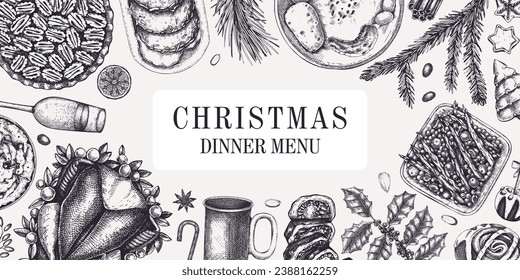 Christmas food background. Family dinner. Winter holiday menu. Traditional food design elements. Food and drink sketches set. Hand drawn vector illustration. Vintage banner template