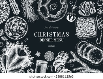 Christmas food background. Family dinner. Winter holiday menu. Traditional food design elements. Food and drink sketches set. Hand drawn vector illustration on chalkboard