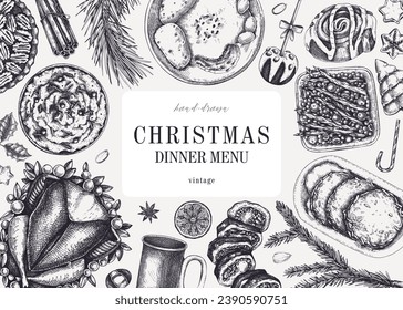 Christmas food background. Family dinner. Winter holiday menu. Traditional food design elements. Food and drink sketches set. Hand drawn vector illustration. Vintage banner template