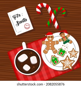 christmas food background with gingerbread, candy cane and hot chocolate