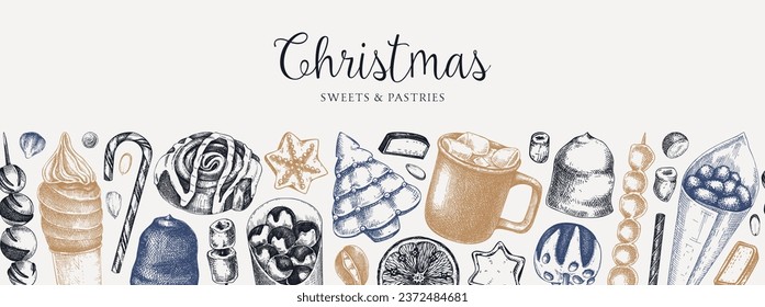 Christmas food background. Christmas market design template. Hand-drawn vector illustration. Hot drinks, candies, cookies, pastries sketches. Winter holiday menu border. Seamless pattern