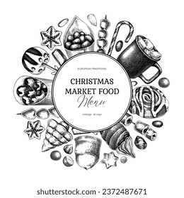 Christmas food background. Christmas market design template. Winter holiday menu wreath. Sweet food, pastries, candies, and hot drink sketches. Hand-drawn vector illustration. 