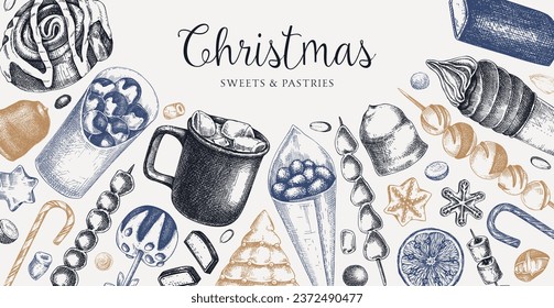 Christmas food background. Christmas market design template. Hand-drawn vector illustration. Hot drinks, candies, cookies, pastries sketches. Winter holiday menu. Sweet food vintage banner