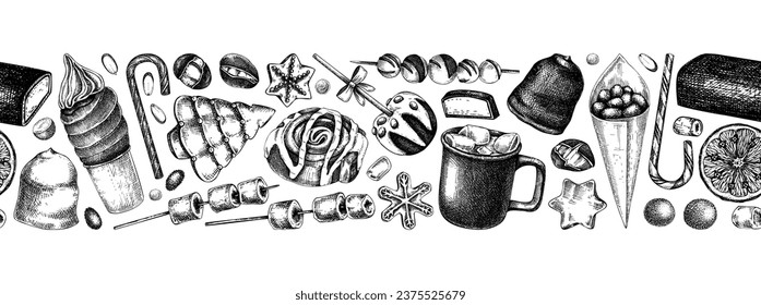 Christmas food background. Christmas market design template. Hand-drawn vector illustration. Hot drinks, candies, cookies, pastries sketches. Winter holiday menu border. Seamless pattern