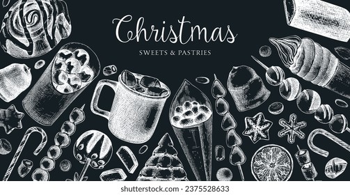 Christmas food background. Christmas market design template. Hand-drawn vector illustration. Hot drinks, candies, cookies, pastries sketches. Winter holiday menu. Sweet food banner on chalkboard