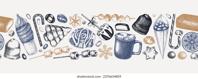 Christmas food background. Christmas market design template. Hand-drawn vector illustration. Hot drinks, candies, cookies, pastries sketches. Winter holiday menu border. Seamless pattern