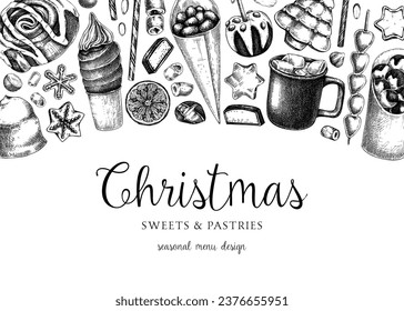 Christmas food background. Christmas market design template. Hand-drawn vector illustration. Hot drinks, candies, cookies, pastries sketches. Winter holiday menu banner. Invitation, Greeting card