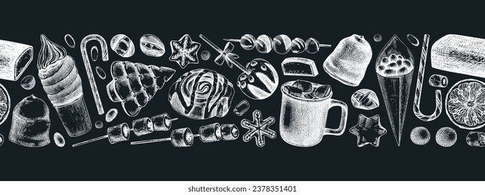 Christmas food background. Christmas market design template. Hand-drawn vector illustration. Hot drinks, candies, cookies, pastries sketches. Winter holiday menu border on chalkboard. Seamless pattern