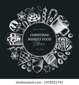 Christmas food background. Christmas market design template. Holiday menu wreath on chalkboard. Sweet food, pastries, candies and hot drink sketches. Hand drawn vector illustration. 