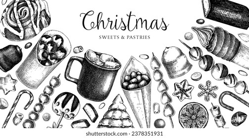 Christmas food background. Christmas market design template. Hand-drawn vector illustration. Hot drinks, candies, cookies, pastries sketches. Winter holiday menu. Sweet food vintage banner
