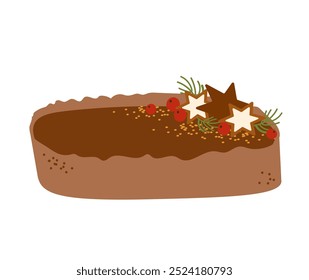 Christmas food. Christmas brownie cake or cute winter chocolate holiday pie with holly berries. Holiday pudding, baked dessert hand drawn vector illustration. Traditional festive homemade cake.