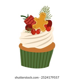 Christmas food. Christmas cakes or cute winter holiday pie with holly berries. Holiday pudding, baked dessert hand drawn vector illustration for posters, cards. Traditional festive homemade cake.
