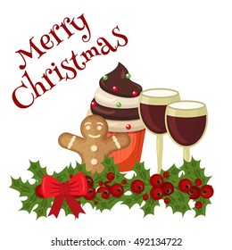 Christmas food card cookies with festive decoration. Decoration dessert traditional christmas food festive celebration card. Homemade cake gingerbread christmas food holiday decoration dessert.