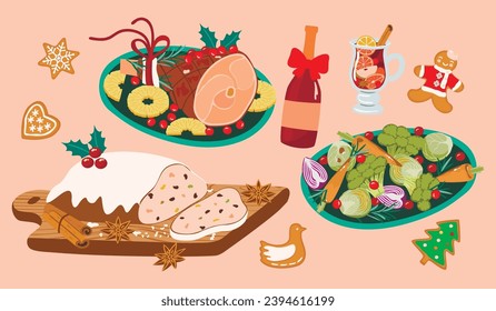 Christmas food collection.Leg ham,stollen,spiced wine, baked vegetables and gingerbread.Festive dishes for winter holidays meal.Festive goodies for Xmas  party.Vector hand drawn colorful illustration.