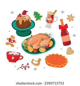 Christmas food collection for winter holiday party.Festive menu with roast turkey, pudding, spiced wine, cocoa with marshmallows, pie and gingerbread.Vector flat illustration isolated on white. 