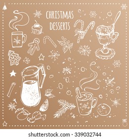 christmas food and desserts Vector collection of ink hand drawn Christmas and New year's elements and illustrations for holiday menu or invitation design