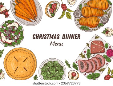 Christmas food. Christmas dinner. Holiday menu. Food design template. Food and drink set. Hand drawn design template.