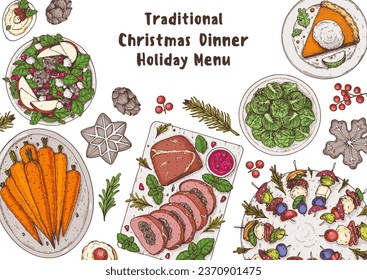 Christmas food. Christmas dinner. Holiday menu. Food design template.  Food and drink set. Hand drawn, design template.