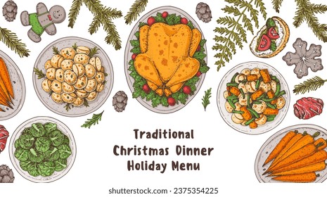 Christmas food. Christmas dinner. Holiday menu. Food design template. Food and drink set. Hand drawn design template.