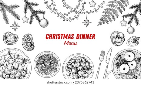 Christmas food. Christmas dinner. Holiday menu. Food design template. Food and drink set. Hand drawn sketch, menu design template.