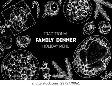 Christmas food. Christmas dinner. Holiday menu. Food design template. Engraved style background. Food and drink set. Hand drawn sketch, design template.