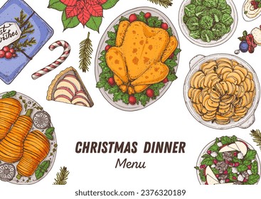 Christmas food. Christmas dinner. Holiday menu. Food design template. Cartoon style. Food and drink set. Hand drawn design template.