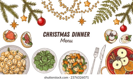 Christmas food. Christmas dinner. Holiday menu. Food design template. Food and drink set. Hand drawn menu design template.