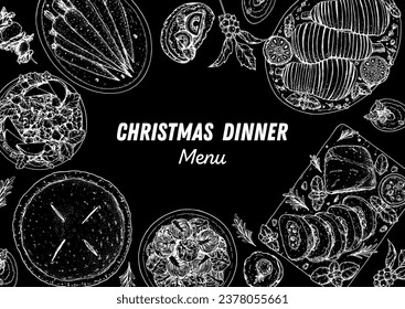 Christmas food. Christmas dinner. Holiday menu. Food design template. Engraved style background. Food and drink set. Hand drawn sketch, design template.
