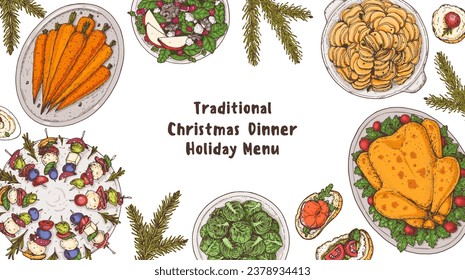 Christmas food. Christmas dinner. Holiday menu. Food design template. Food and drink set. Hand drawn design template.