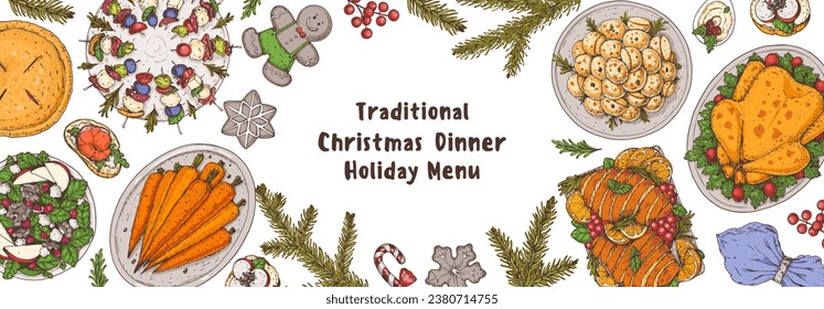 Christmas food. Christmas dinner. Holiday menu. Food design template. Food and drink set. Hand drawn design template.