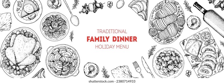 Christmas food. Christmas dinner. Holiday menu. Food design template. Engraved style background. Food and drink set. Hand drawn sketch, design template.