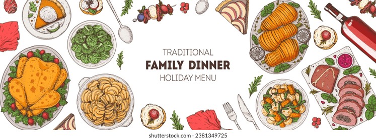 Christmas food. Christmas dinner. Holiday menu. Food design template. Food and drink set. Hand drawn design template.