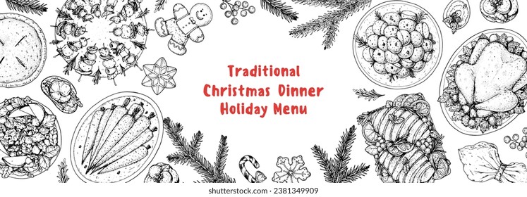 Christmas food. Christmas dinner. Holiday menu. Food design template. Engraved style background. Food and drink set. Hand drawn sketch, design template.