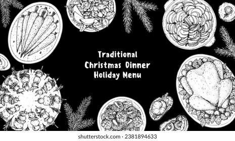 Christmas food. Christmas dinner. Holiday menu. Food design template. Engraved style background. Food and drink set. Hand drawn sketch, design template.